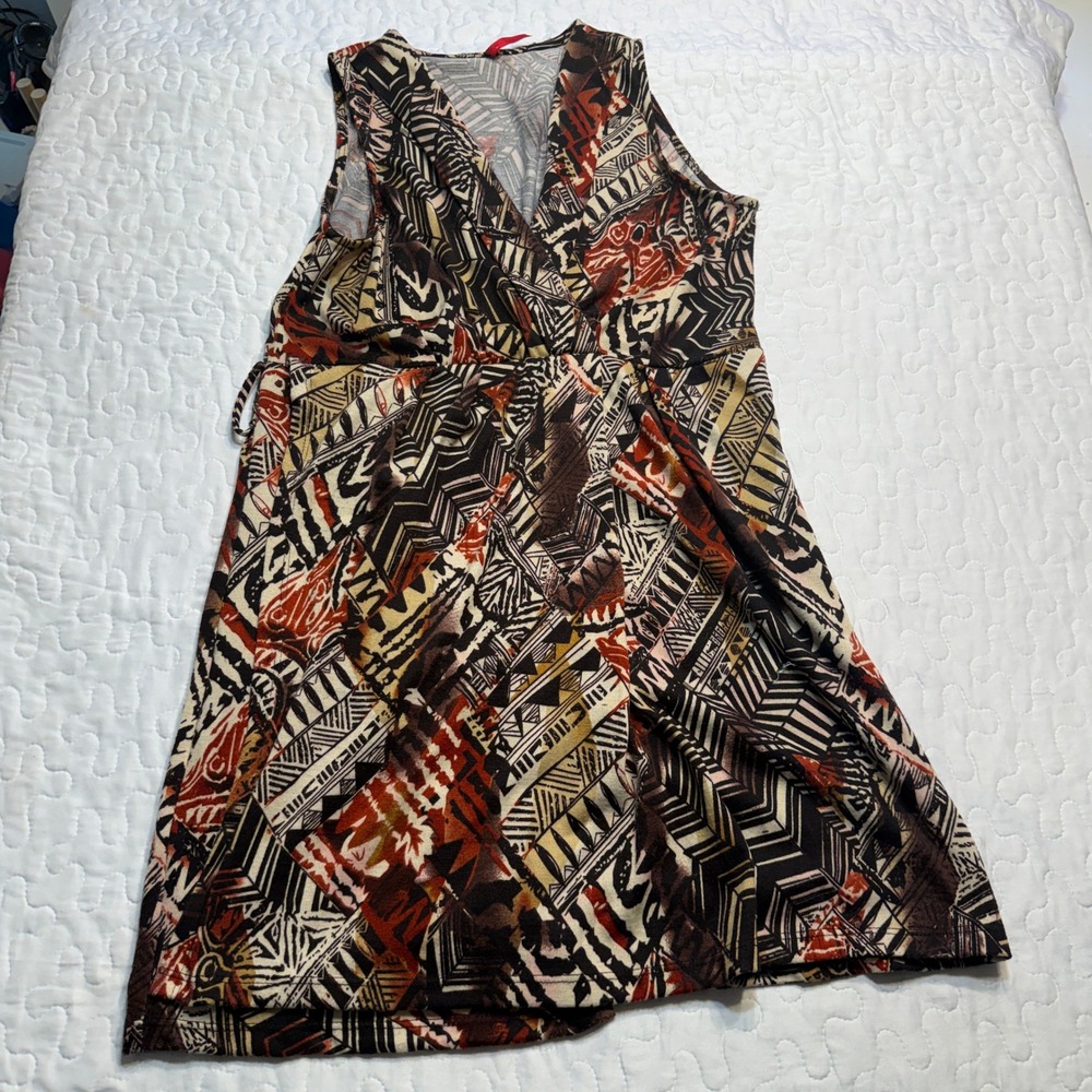 Women Plus Faux-Wrap Dress Brown Tribal Geometric Sleeveless AZTEC BOHO TRIBAL